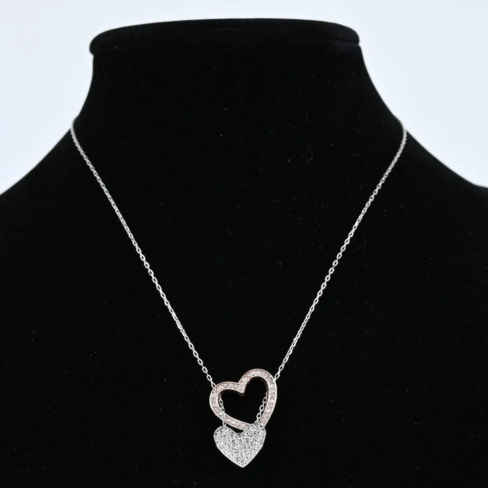 Signed Swarovski Crystal Double Heart Rose Gold Silver Mixed Metal Necklace